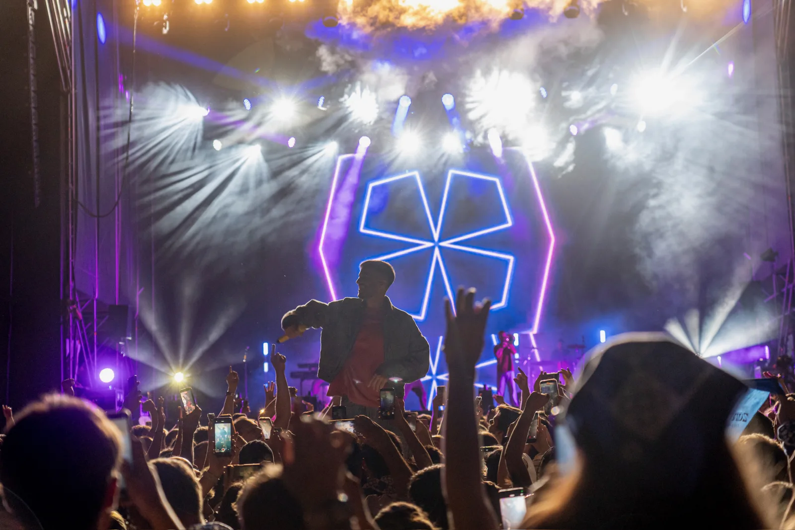 Figura geométrica luminosa en la pantalla del escenario bajo luces moradas, con el público de espaldas y una persona a hombros