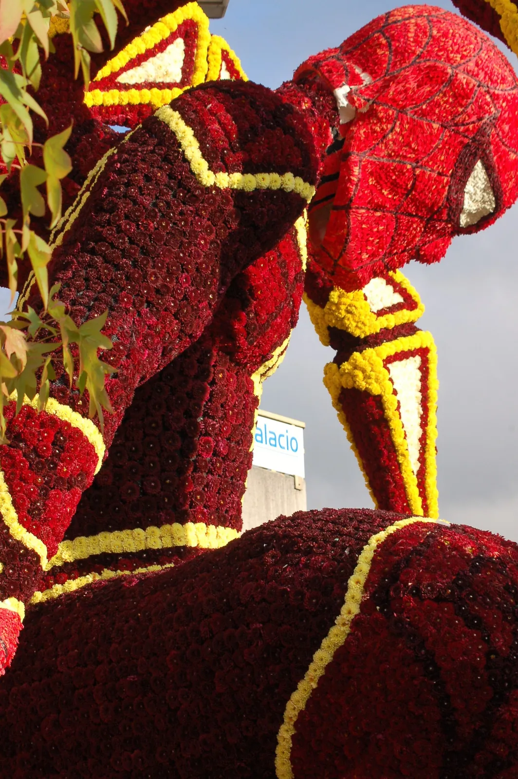 Detalle de una carroza de la Batalla de Flores de Laredo: la superficie está formada por miles de flores rojas, granates y amarillas clavadas una junto a otra.