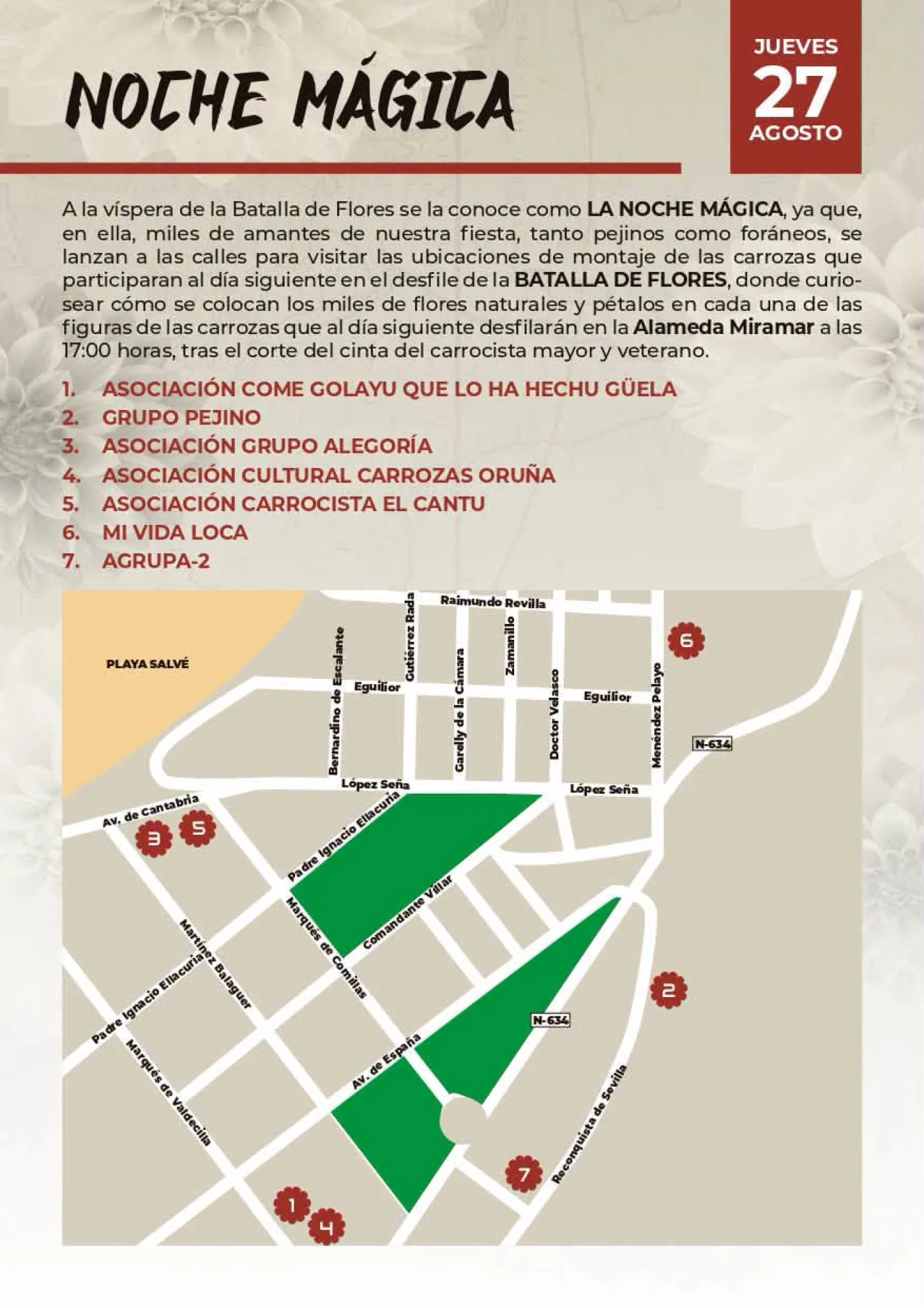 Plano de Laredo con las siete ubicaciones de montaje de las carrozas numeradas del 1 al 7, entre la playa Salvé y la avenida de España
