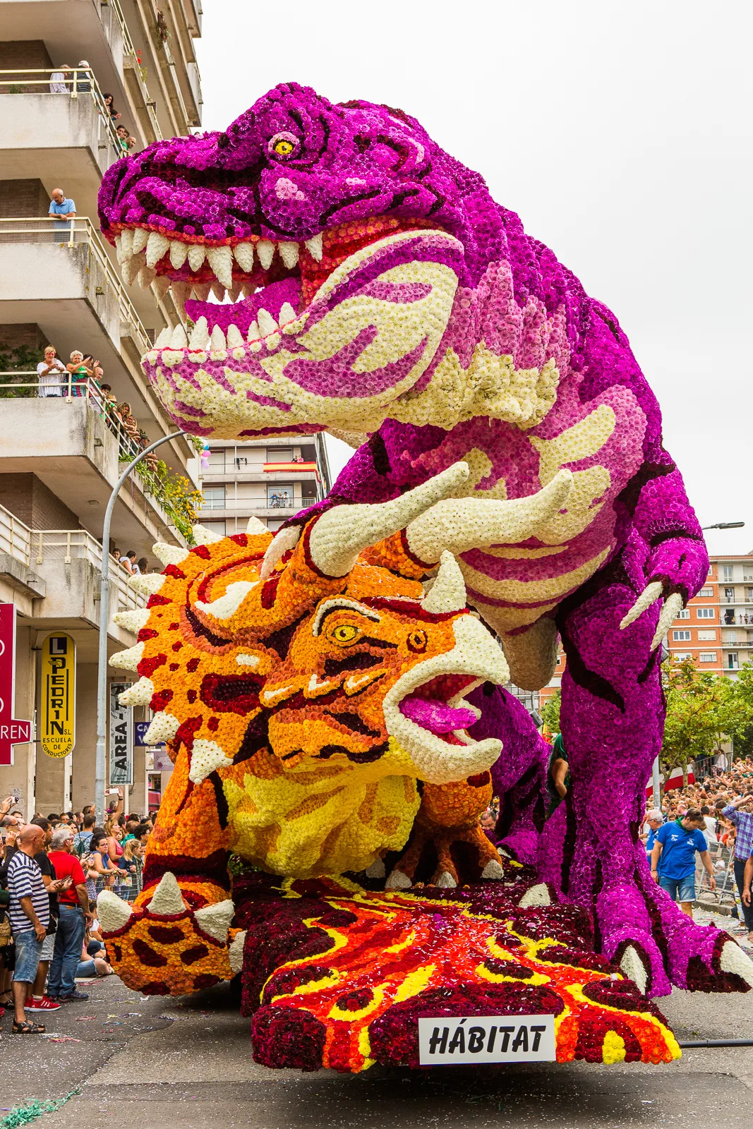 La carroza «Hábitat», un tiranosaurio de flor morada mordiendo a un triceratops naranja, desfilando entre edificios de Laredo