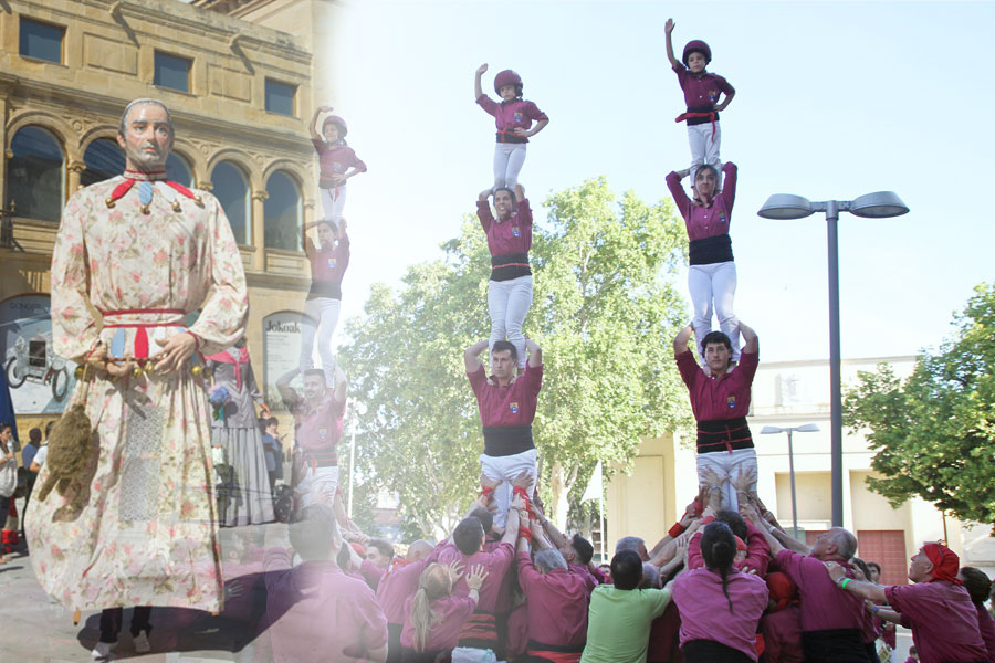 Comparsa de Gigantes de Donostia con Euskal Herriko Casteller taldea y Castellers de Lleida